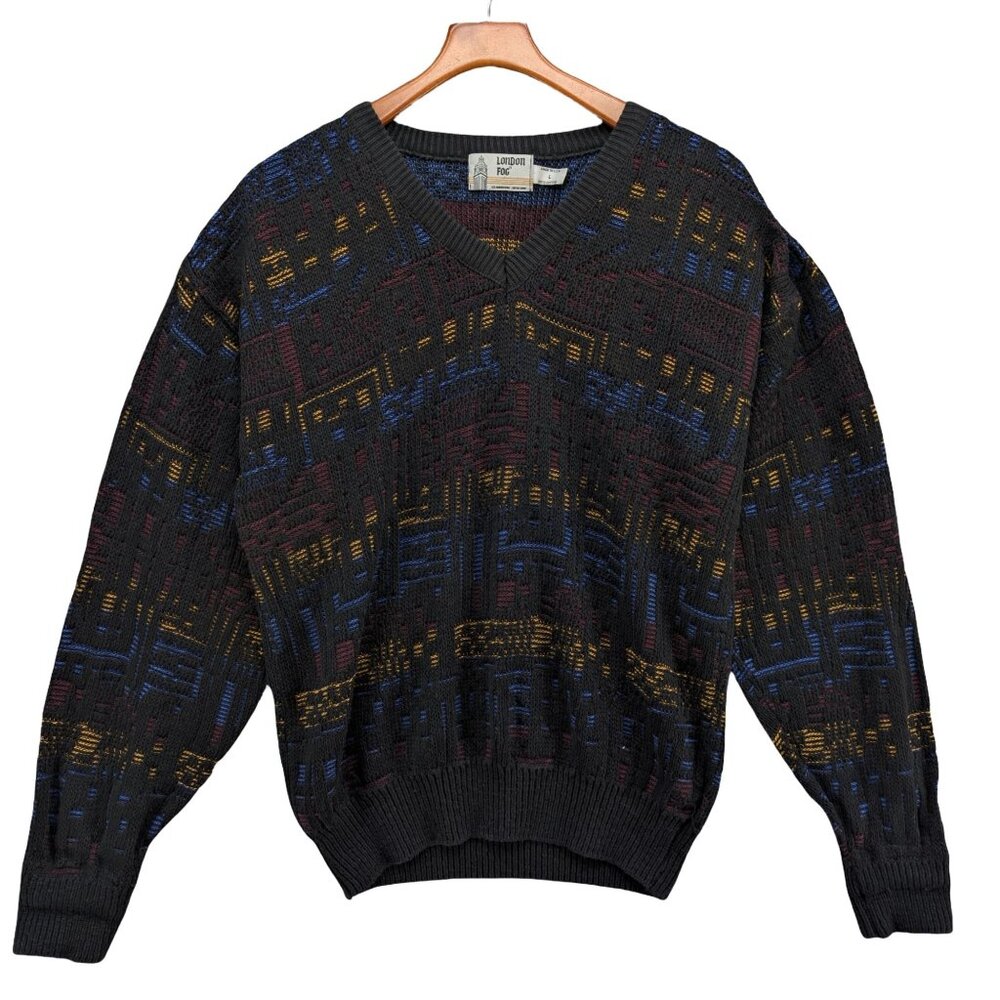 Vtg London Fog Sweater Mens Black Multicolor Geometric V Neck Pullover Size L